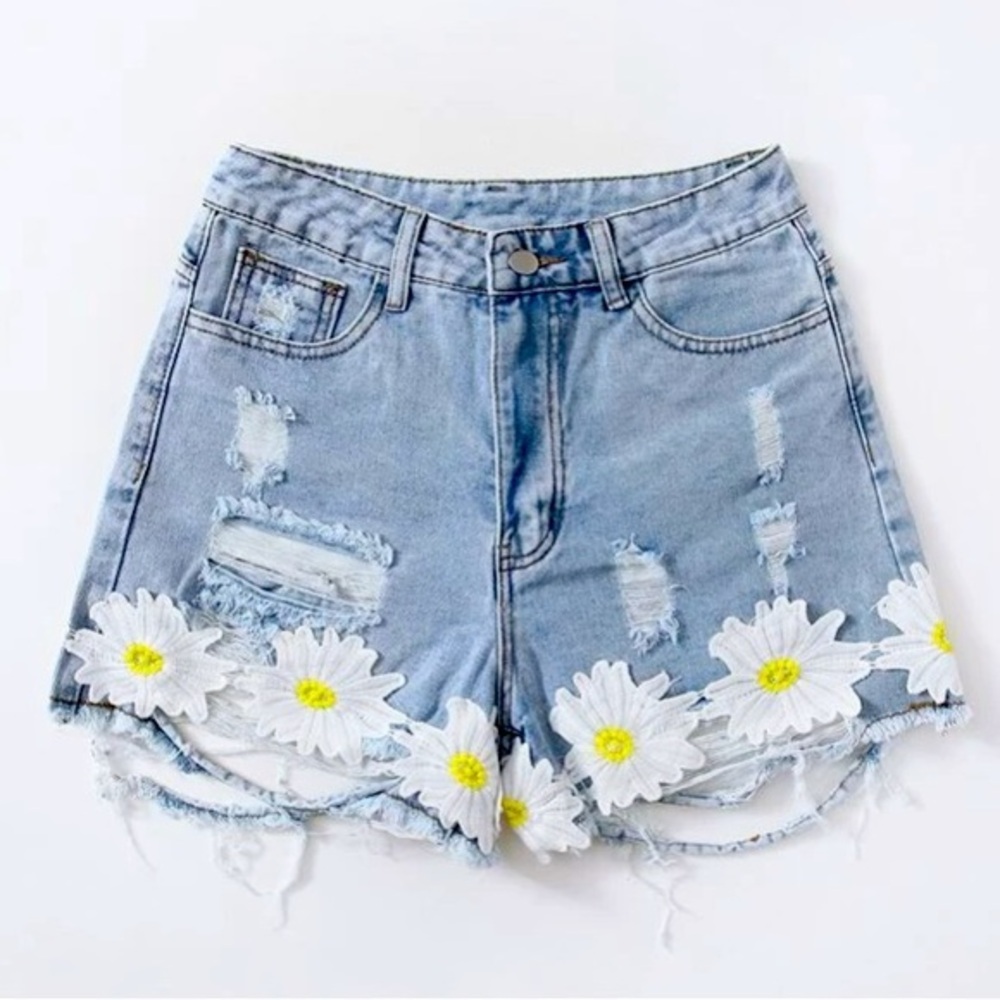 Custom Denim Shorts Distressed Floral Daisy Print Embroidery Summer